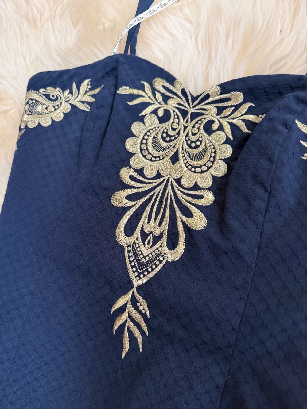 Lilly Pulitzer Demi Dress Women True Navy Gold Embroidered Strapless Mini 00 new - Picture 5 of 8